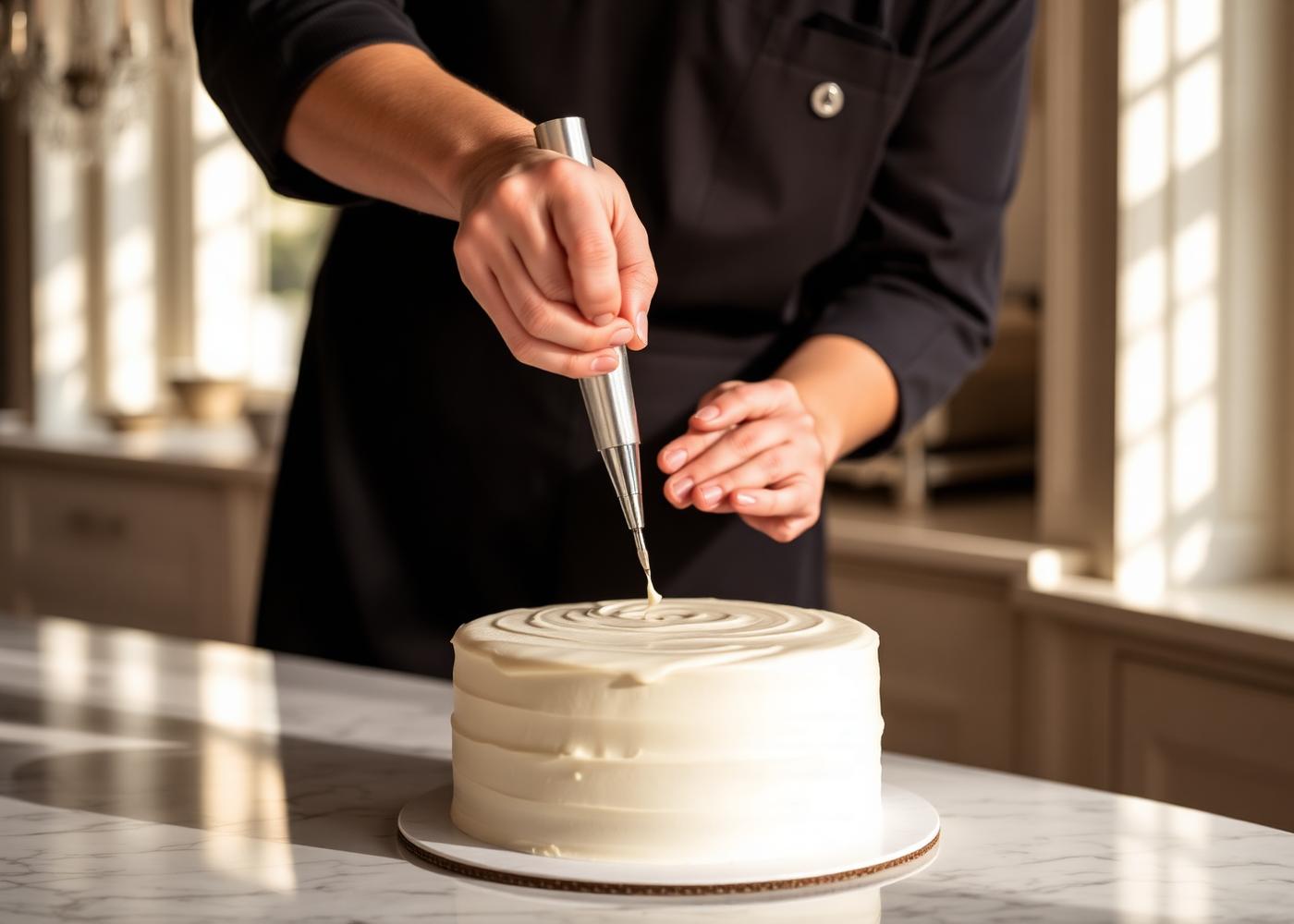Cake artist piping icing onto a luxury cake